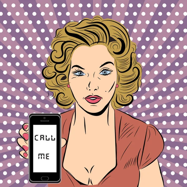 Векторна поп-арт-ілюстрація з сексуальною жінкою і телефоном — стоковий вектор