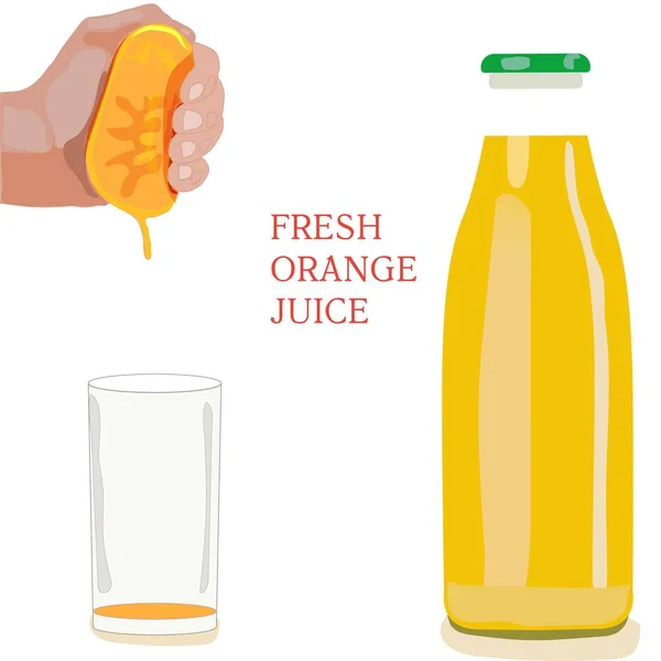 Vector Bottle Orange Juice Empty Glass Hand Pressing Orange — Stock Vector