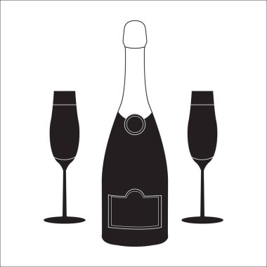 Bir şişe şampanya ile iki kadeh şarap. Doğrusal illüstrasyon. EPS 10