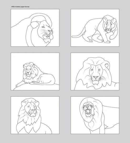 Line Art Seis Figuras Leones Ansi Una Maqueta Blanca Eps — Vector de stock