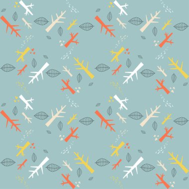 Mavi arka planda renkli doğa elemanları ile vektör Dikişsiz desen