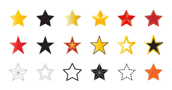 Set di 18 icone vettoriali di stelle colorate. Rosso, dorato, nero, coontour — Vettoriale Stock