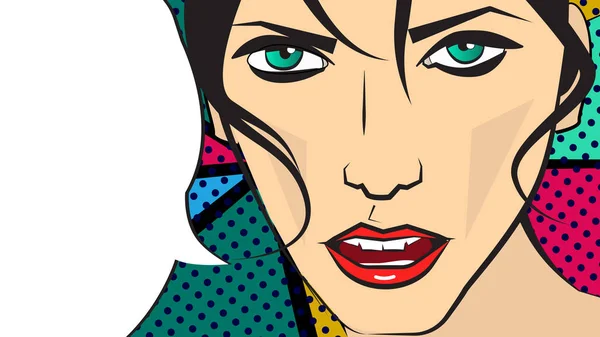 Koyu saçlı kız vektör pop sanat illüstrasyon ve konuşma balonu