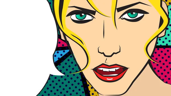 Illustration vectorielle pop art d'une jeune fille aux cheveux blonds et bulle parlante — Image vectorielle