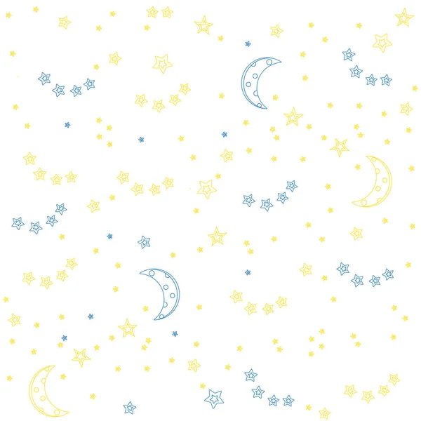 Фон ночного неба с луной и звездами. Векторная бесшовная текстура. Синий и желтый цвет плоской линии звезд на белом фоне . — стоковый вектор