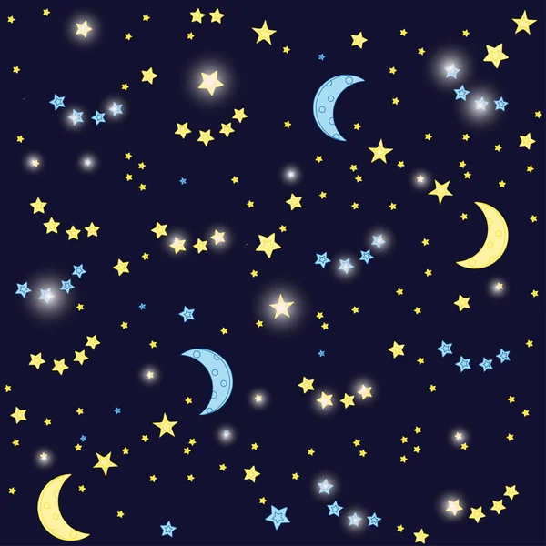 Night sky background with moon and stars. Vector seamless texture. Blue and yellow shining stars on black background — Stock Vector