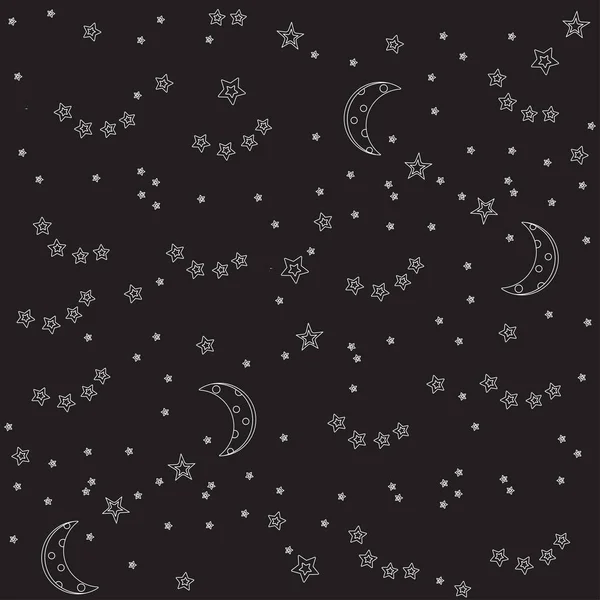 Фон ночного неба с луной и звездами. Векторная бесшовная текстура. Белые линии звезды на черном фоне — стоковый вектор