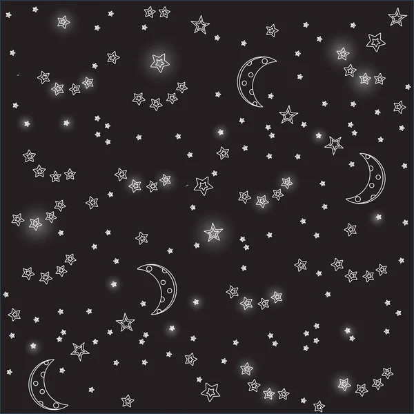 Фон ночного неба с луной и звездами. Векторная бесшовная текстура. Белая линия, сияющая звездами на чёрном фоне — стоковый вектор