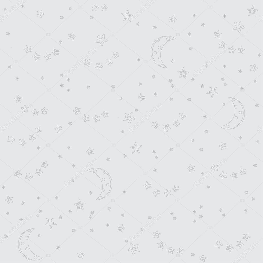 Night sky background with moon and stars. Vector seamless texture. Flat line stars on a grey background