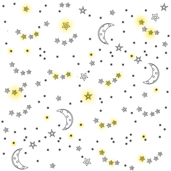 Фон ночного неба с луной и звездами. Векторная бесшовная текстура. Контур, линия, плоская, сияющая — стоковый вектор