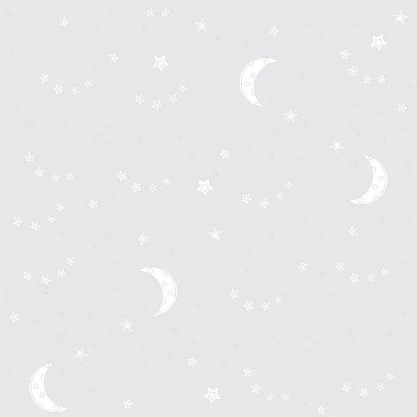 Éjjeli háttér a Holdra és a csillagokra. Vektor varrat nélküli textúra. Szürke háttér, lapos, fehér kontúr csillagok és a Hold — Stock Vector