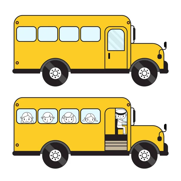 아이들과 빈 벡터 스쿨 버스입니다. 드라이버가 있는 닫혀 있고 열린 문 — 스톡 벡터