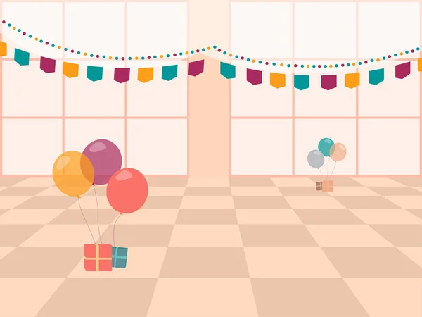 Illustrazione vettoriale con sala di celebrazione, palloncini e bandiere — Vettoriale Stock