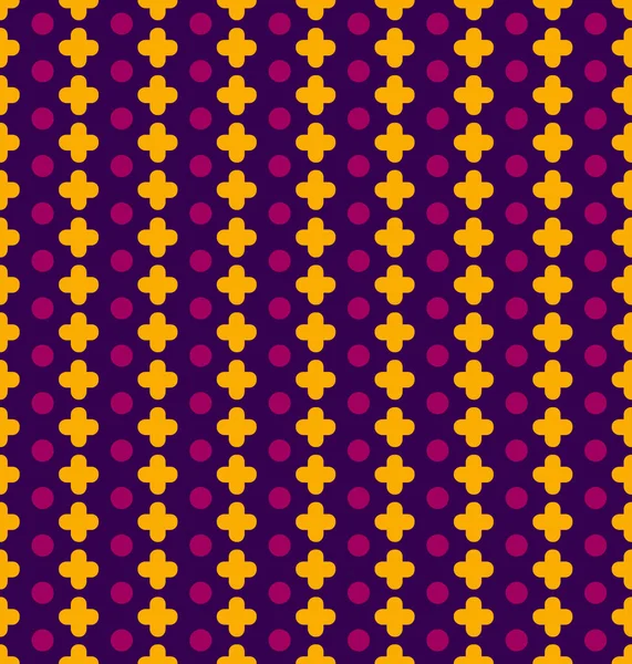 Vektor nahtlose Muster mit Pluspunkten und Kreisen. gelbe Kreuzungen und violette Kreise auf blauem Hintergrund — Stockvektor