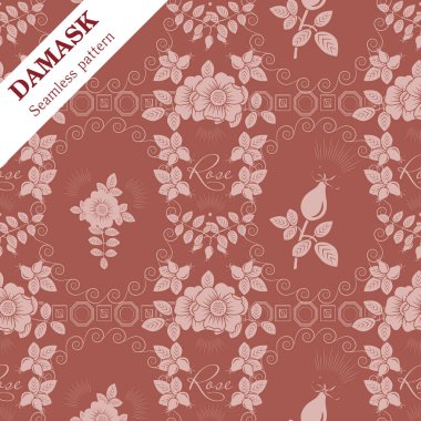 Vektör Damask 'ın yaban gülü motifli pürüzsüz süsü