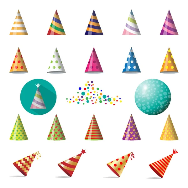 Ensemble vectoriel de casquettes de fête. Accessoires de fête colorés — Image vectorielle