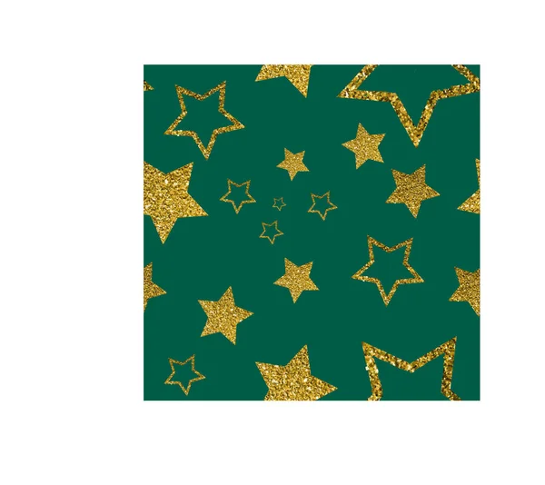 Vector starry seamless background. Golden shiny colorful stars on a green background. — Stock Vector