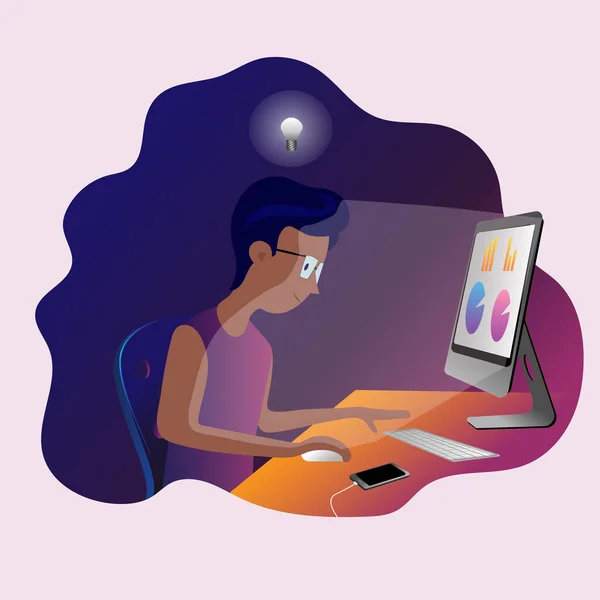 Joven Trabajando Casa Ordenador — Vector de stock