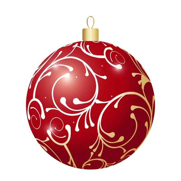 Червоний блискучий різдвяний м'яч на білому тлі. Золотий орнамент. Векторні ілюстрації . — стоковий вектор