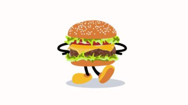 Çizgi film hamburgeri 2D animasyon. Döngülü karakter animasyonu. Tabela, menüler, restoranlar, kafeler için mükemmel. Düz tasarım