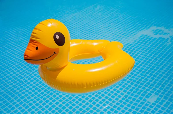 黄色橡胶鸭漂浮在游泳池里 让婴儿在阳光明媚的夏天无忧无虑地度假玩耍 — 图库照片