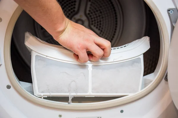 Dryer Filter Dirty Needs Cleaned Clothes Dust Has Gathered One — Stock Photo, Image