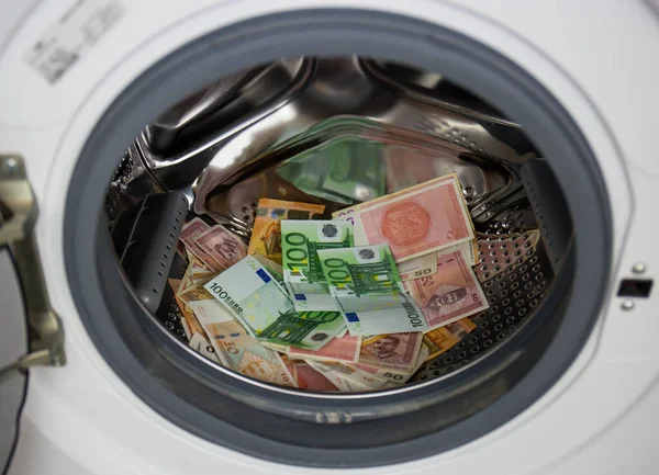 Pile Dirty Money Clothes Machine Washing Steam Drum Washing Machine — Stock Photo, Image