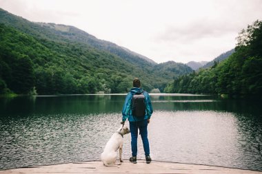 İskele üzerinde köpek duran adamla arkadan görünüş Dağları arka plan üzerinde
