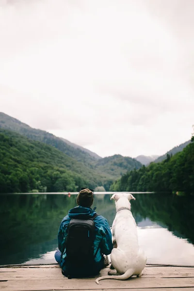 Vista Trasera Del Hombre Con Perro Sentado Muelle Sobre Fondo — Foto de Stock