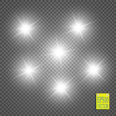 Parlak ışık efekti. Şeffaf arkaplanda parıldayan yıldız patlaması. Vektör çizimi. Güneş