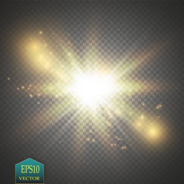 Parlak ışık efekti. Şeffaf arkaplanda parıldayan yıldız patlaması. Vektör çizimi. Güneş