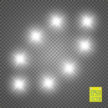 Şeffaf arkaplanda ışıklar. Sihirli kavram. Vektör beyaz parıltı dalgası soyut illüstrasyon. Beyaz yıldız tozu izleri izole edilmiş parlayan parçacıklar.