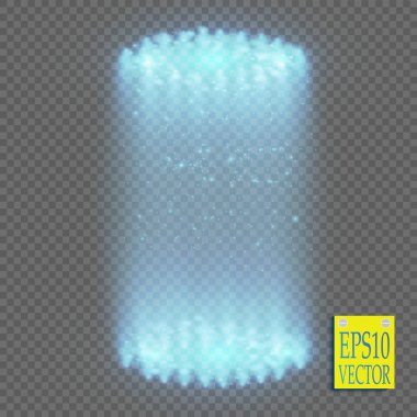 Yuvarlak mavi parlaklık ile sahne üzerinde şeffaf arka plan kıvılcım gece ışınları. Boş ışık efekti podyum. Disko kulübü dans pistine. Parti göster. Işın sahne.