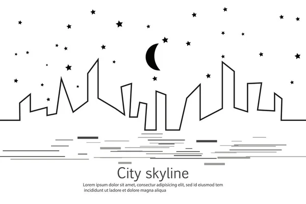 Silueta de la ciudad y estrella y luna en un estilo plano. Paisaje urbano moderno. Ilustraciones vectoriales. Rascacielos de la ciudad construyendo oficina horizontalmente.Dibujo continuo de línea. Línea vectorial. Cifras geométricas — Vector de stock