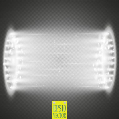 Yuvarlak beyaz parıltı ışınları gece sahne ile şeffaf arka plan üzerinde yol açtı. Boş ışık efekti podyum. Disko kulübü dans pistine. Parti göster. Işın sahne.