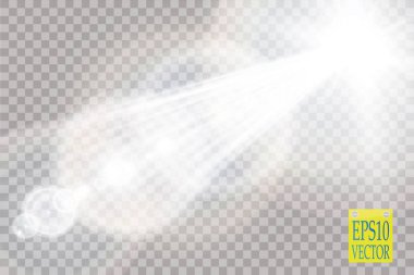 Vektör şeffaf güneş ışığı özel lens ışık efekti. Şeffaf arka planda ışıltılı ve spot ışıkları parlıyor