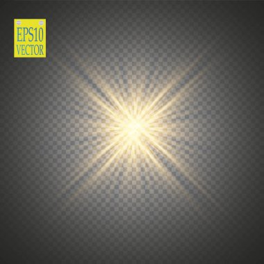 Parlak ışık efekti. Şeffaf arkaplanda parıldayan yıldız patlaması. Vektör çizimi. Güneş