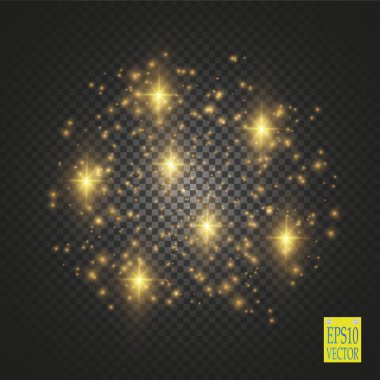 Vektör altın parıltılı dalga çizimi. Altın yıldız tozu izleri, şeffaf arkaplanda izole edilmiş ışıldayan parçacıklar. Sihirli kavram