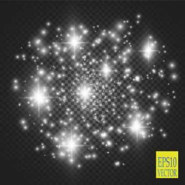Şeffaf arkaplanda ışıklar. Sihirli kavram. Vektör beyaz parıltı dalgası soyut illüstrasyon. Beyaz yıldız tozu izleri izole edilmiş parlayan parçacıklar.