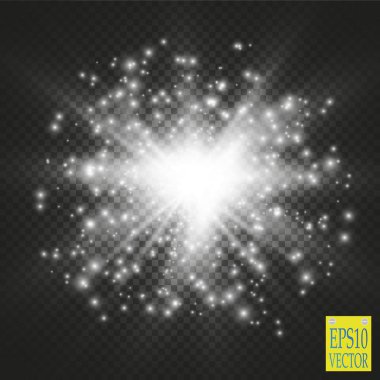 Şeffaf arkaplanda ışıklar. Sihirli kavram. Vektör beyaz parıltı dalgası soyut illüstrasyon. Beyaz yıldız tozu izleri izole edilmiş parlayan parçacıklar.
