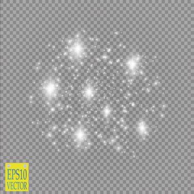 Şeffaf arkaplanda ışıklar. Sihirli kavram. Vektör beyaz parıltı dalgası soyut illüstrasyon. Beyaz yıldız tozu izleri izole edilmiş parlayan parçacıklar.