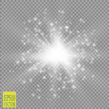 Parlak ışık efekti. Şeffaf arkaplanda parıldayan yıldız patlaması. Vektör çizimi. Güneş