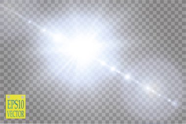 Vektör şeffaf güneş ışığı özel lens ışık efekti. Şeffaf arka planda ışıltılı ve spot ışıkları parlıyor
