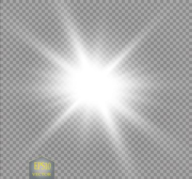 Parlak ışık efekti. Şeffaf arkaplanda parıldayan yıldız patlaması. Vektör çizimi. Güneş