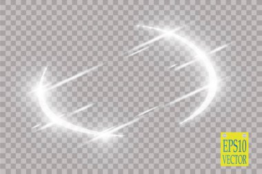 Soyut lüks vektör ışığı yarım daire şeklinde parlar ve ışık efektini ateşler. Şeffaf üzerinde ışıldayan mor bir çerçeve. Starlight hareket ediyor. Mesaj veya logo için bulanık bir boşluk. Vektör