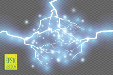Mavi soyut enerji patlaması. Kıvılcımlı özel ışık efekti. Vektör ışıltısı yıldırım kümesi. Şeffaf arka planda elektriksel boşalma. Yüksek voltajlı çekirdek. Vektör