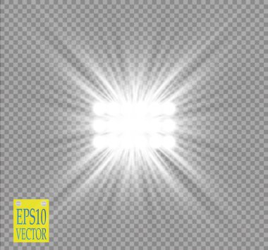 Şeffaf arkaplanda beyaz ışık efekti. Parıltı ışınıyla aydınlatılan kıvılcımlı konser sahnesi. Stadyum projektörü. Gösteri odası. Vektör