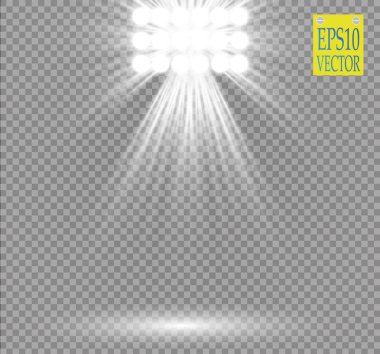 Şeffaf arkaplanda beyaz ışık efekti. Parıltı ışınıyla aydınlatılan kıvılcımlı konser sahnesi. Stadyum projektörü. Gösteri odası. Vektör