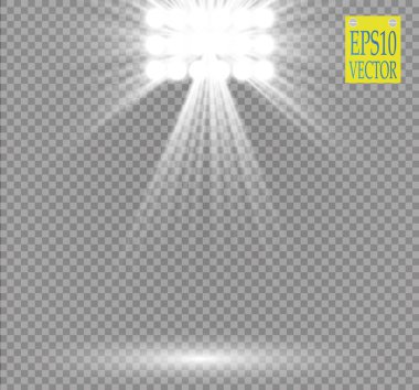 Şeffaf arkaplanda beyaz ışık efekti. Parıltı ışınıyla aydınlatılan kıvılcımlı konser sahnesi. Stadyum projektörü. Gösteri odası. Vektör