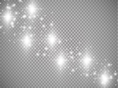 Şeffaf arkaplanda ışıklar. Sihirli kavram. Vektör beyaz parıltı dalgası soyut illüstrasyon. Beyaz yıldız tozu izleri izole edilmiş parlayan parçacıklar.